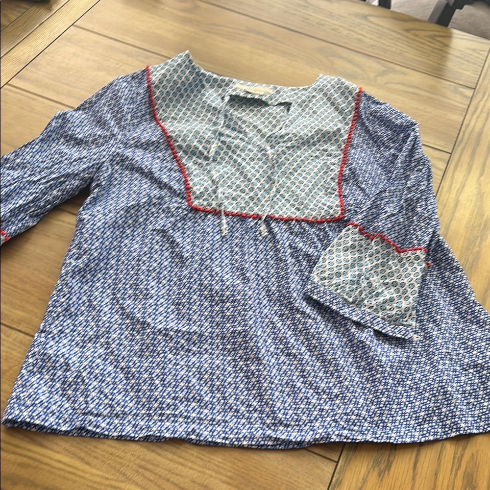 Boden Blue Star Blouse with Red Pom Accents size 10